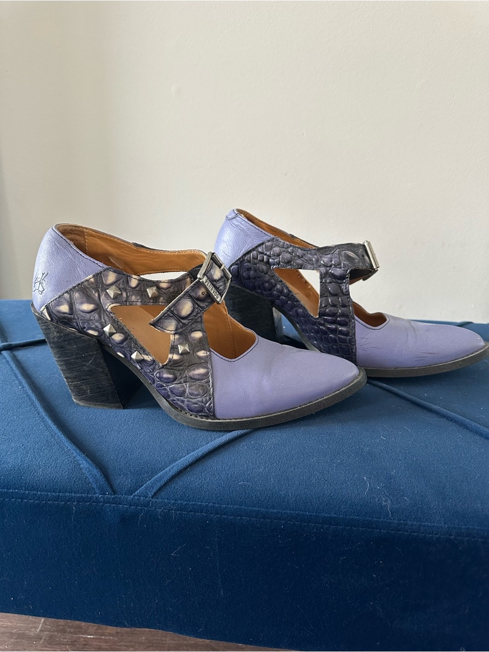John Fluevog Lavender Leather Mary Jane-Style Mules with Silver Buckles